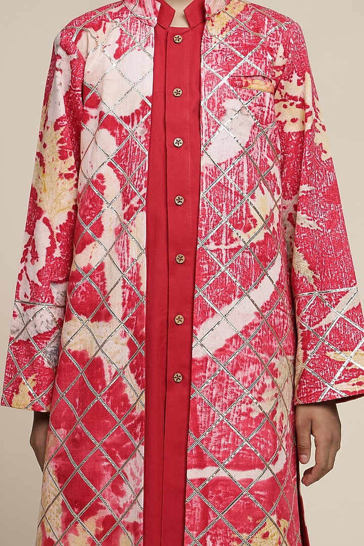 Crimson Red Cotton Chinon Printed Jacket Set For Boys by Mulyo Kids at Pernia's Pop Up Shop