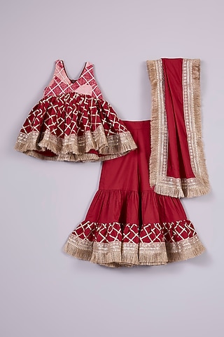Red Cotton Cambric Gota Work & Printed Lehenga Set For Girls by Mulyo Kids