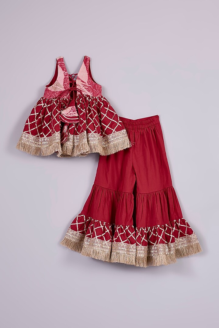 Red Cotton Cambric Gota Work & Printed Lehenga Set For Girls by Mulyo Kids at Pernia's Pop Up Shop