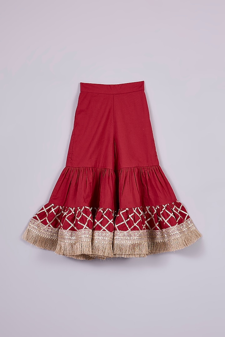 Red Cotton Cambric Gota Work & Printed Lehenga Set For Girls by Mulyo Kids at Pernia's Pop Up Shop
