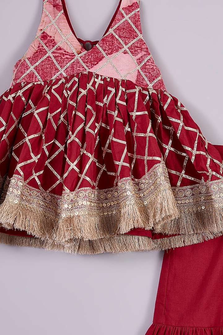 Red Cotton Cambric Gota Work & Printed Lehenga Set For Girls by Mulyo Kids at Pernia's Pop Up Shop
