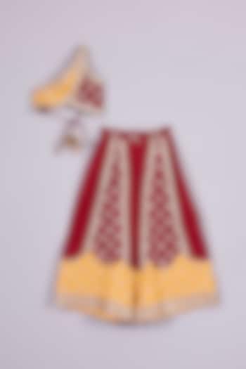 Red & Yellow Cotton Chinon Gota Work Plazzo Pant Set For Girls by Mulyo Kids at Pernia's Pop Up Shop