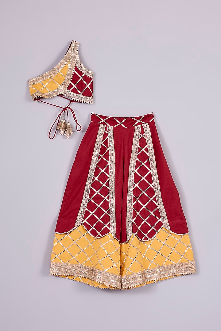 Red & Yellow Cotton Chinon Gota Work Plazzo Pant Set For Girls by Mulyo Kids at Pernia's Pop Up Shop