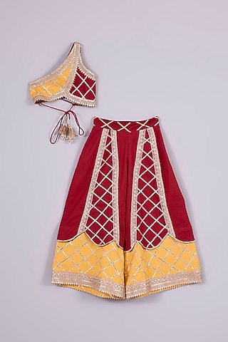 Red & Yellow Cotton Chinon Gota Work Plazzo Pant Set For Girls by Mulyo Kids