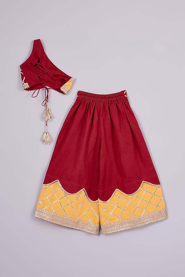 Red & Yellow Cotton Chinon Gota Work Plazzo Pant Set For Girls by Mulyo Kids at Pernia's Pop Up Shop