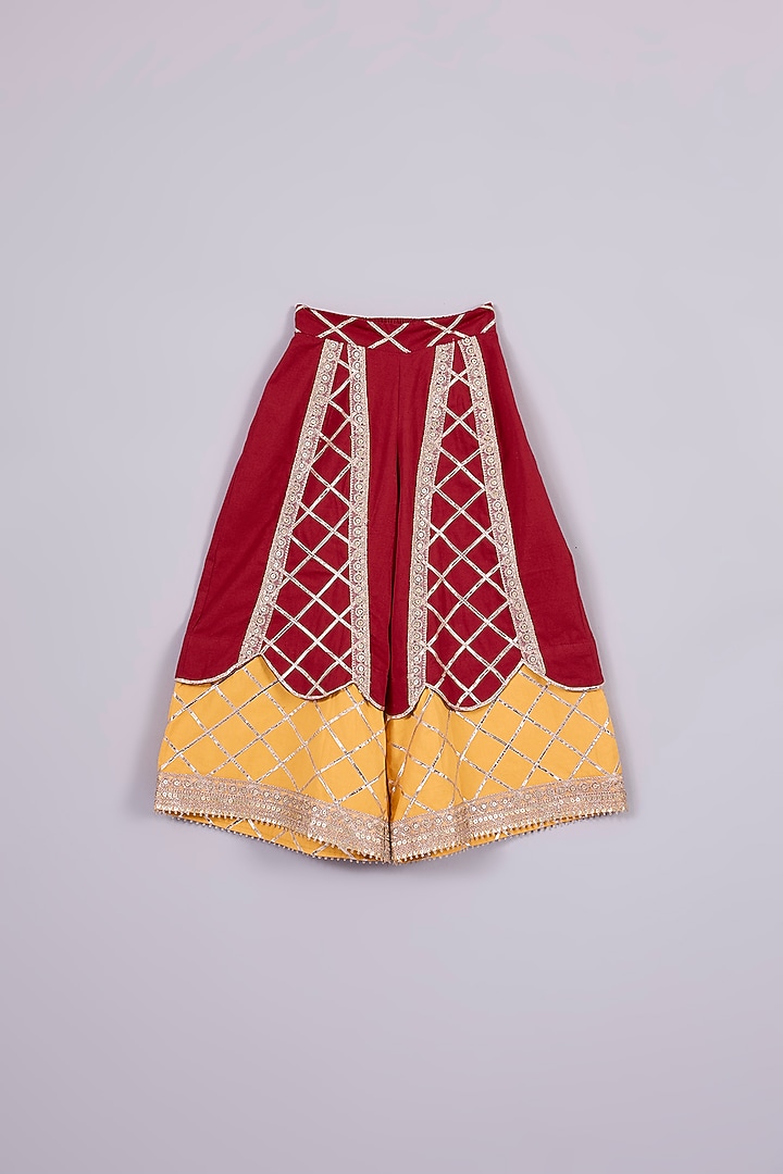 Red & Yellow Cotton Chinon Gota Work Plazzo Pant Set For Girls by Mulyo Kids at Pernia's Pop Up Shop