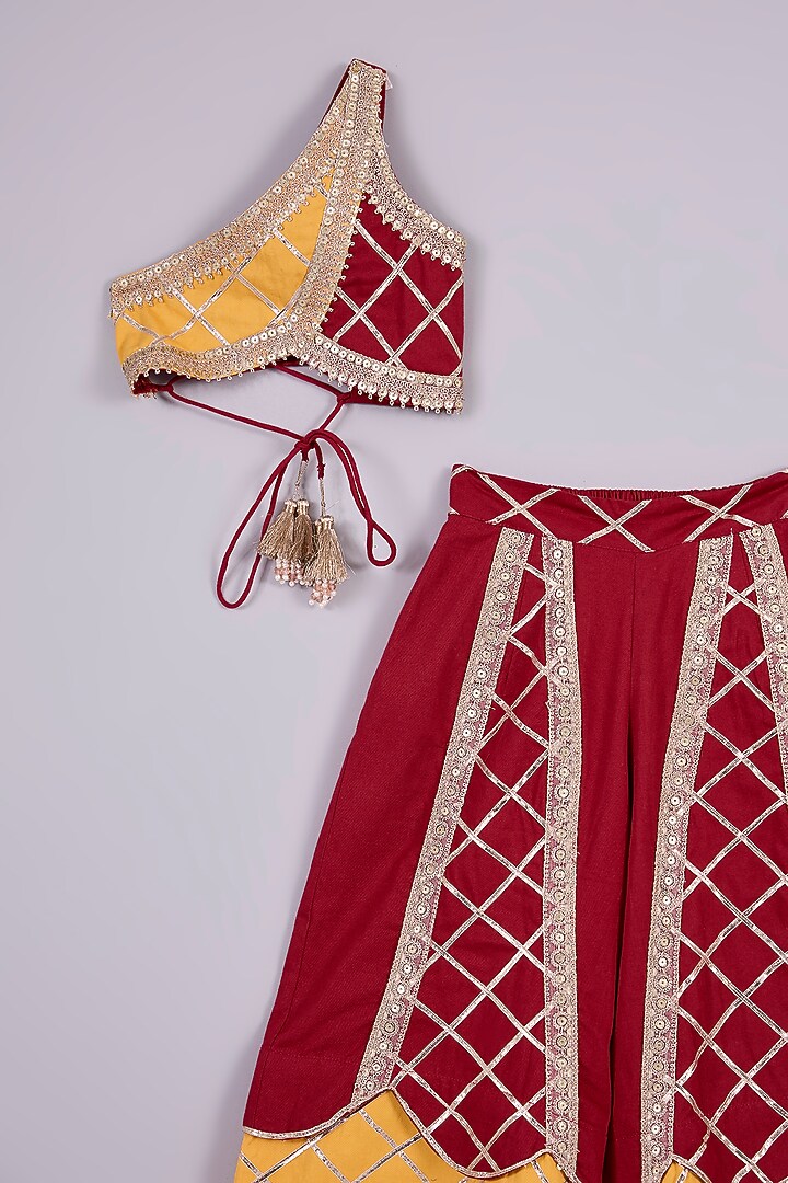 Red & Yellow Cotton Chinon Gota Work Plazzo Pant Set For Girls by Mulyo Kids at Pernia's Pop Up Shop