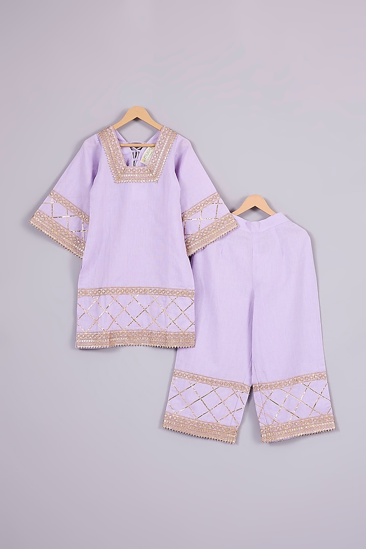 Lavender Linen Kurta Set For Girls by Mulyo Kids at Pernia's Pop Up Shop