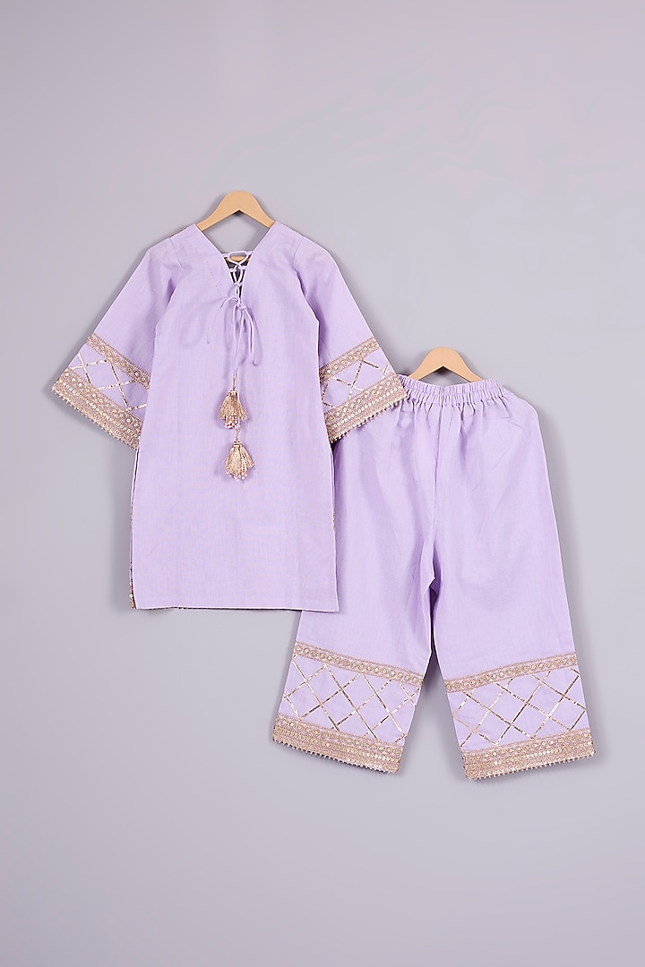 Lavender Linen Kurta Set For Girls by Mulyo Kids at Pernia's Pop Up Shop