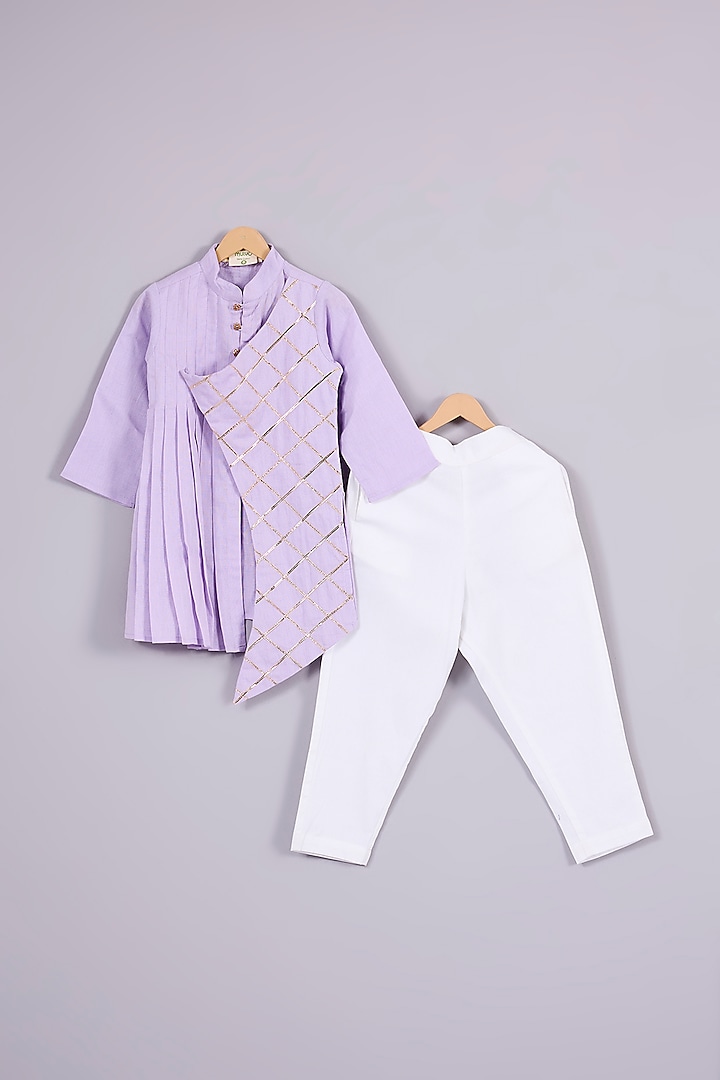 Lavender Linen Pleated Criss-Cross Kurta Set For Boys by Mulyo Kids
