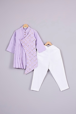 Lavender Linen Pleated Criss-Cross Kurta Set For Boys by Mulyo Kids