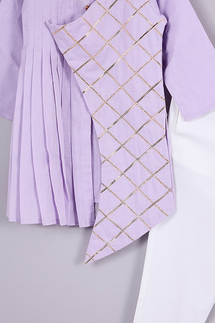 Lavender Linen Pleated Criss-Cross Kurta Set For Boys by Mulyo Kids at Pernia's Pop Up Shop