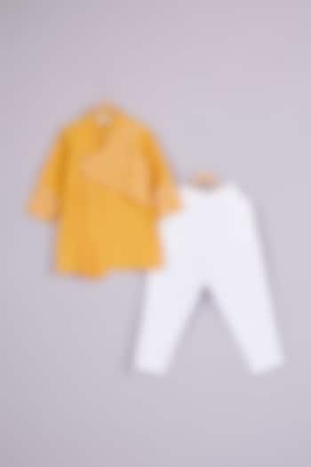 Yellow Linen Asymmetrical Criss-Cross Kurta Set For Boys by Mulyo Kids