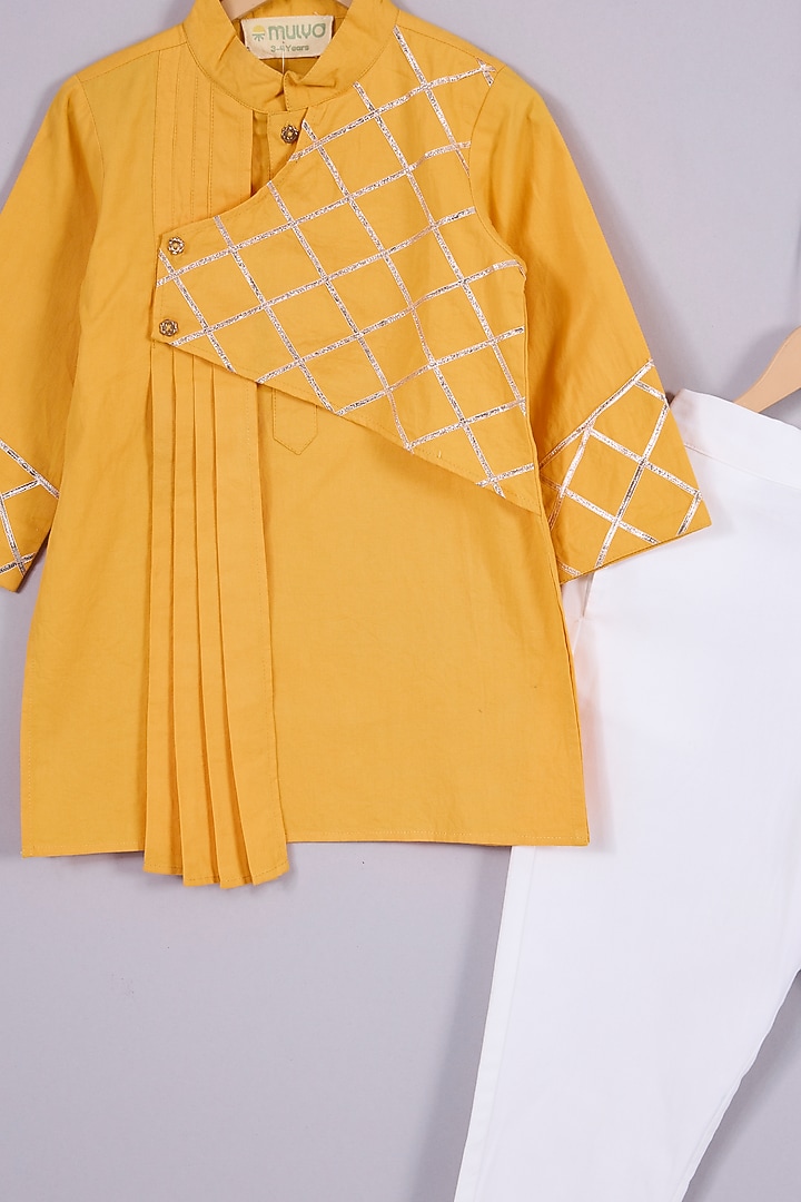 Yellow Linen Asymmetrical Criss-Cross Kurta Set For Boys by Mulyo Kids at Pernia's Pop Up Shop