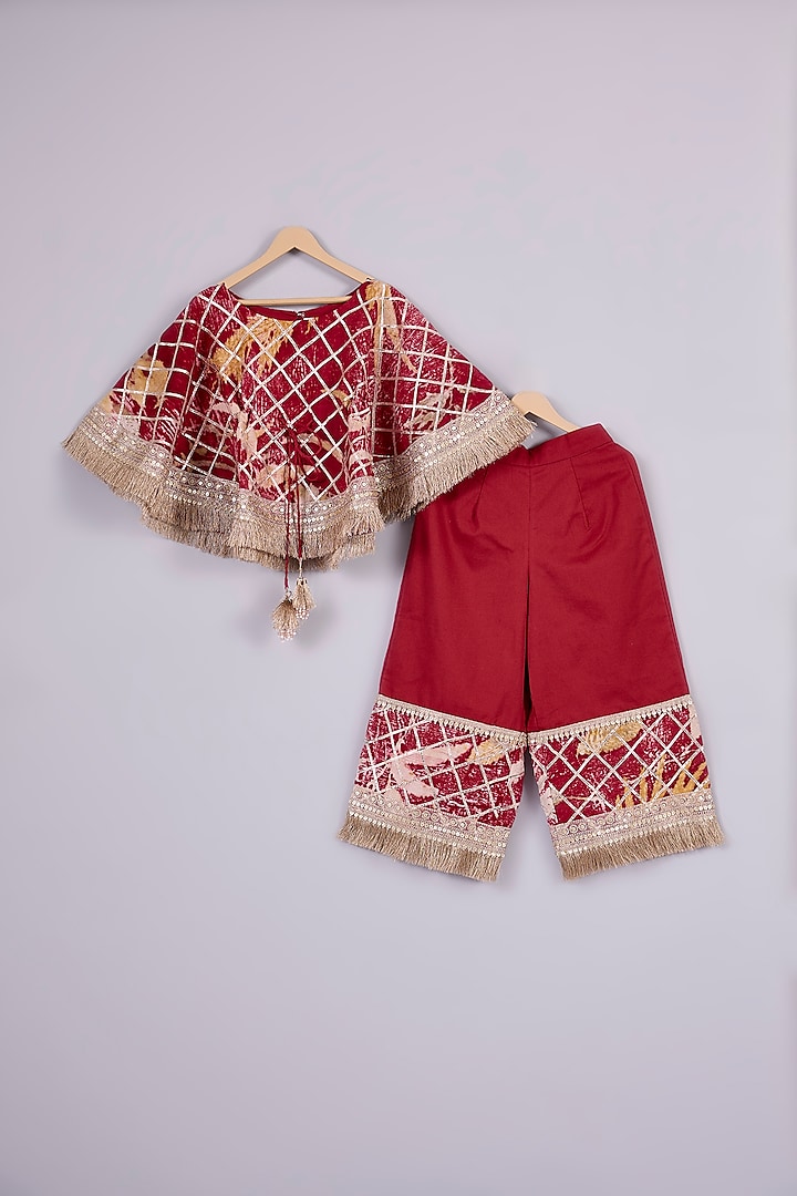 Red Cotton Chinon Printed Pant Set For Girls by Mulyo Kids at Pernia's Pop Up Shop