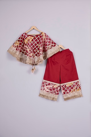 Red Cotton Chinon Printed Pant Set For Girls by Mulyo Kids
