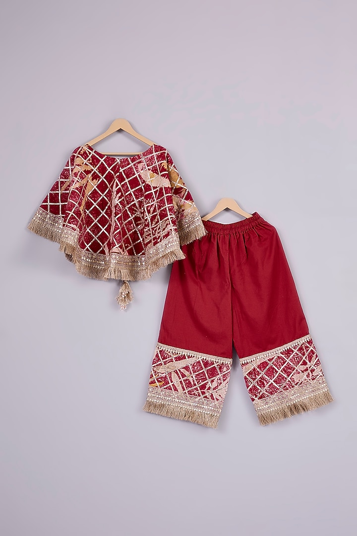 Red Cotton Chinon Printed Pant Set For Girls by Mulyo Kids at Pernia's Pop Up Shop