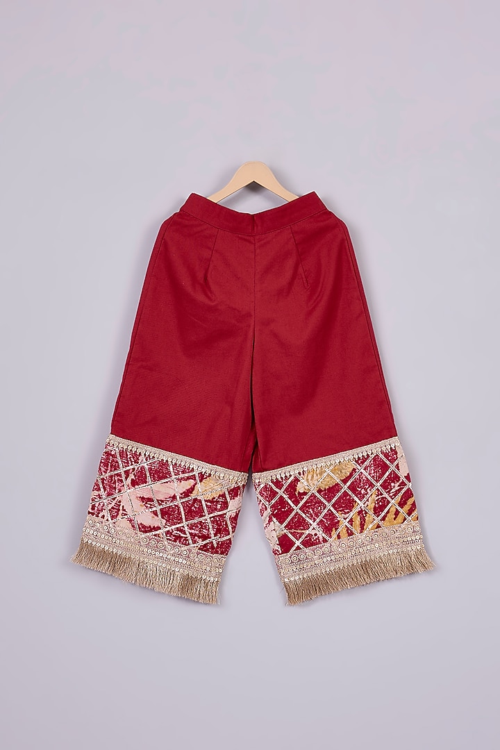 Red Cotton Chinon Printed Pant Set For Girls by Mulyo Kids at Pernia's Pop Up Shop