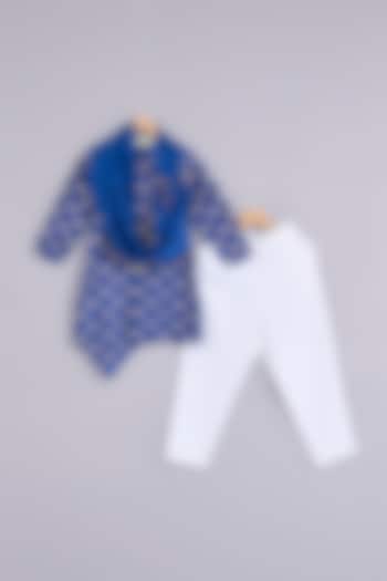 Royal Blue Cotton Chinon Sherwani Set For Boys by Mulyo Kids