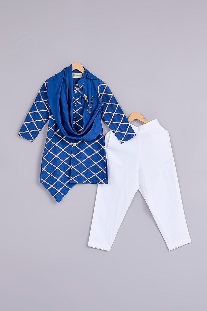 Royal Blue Cotton Chinon Sherwani Set For Boys by Mulyo Kids