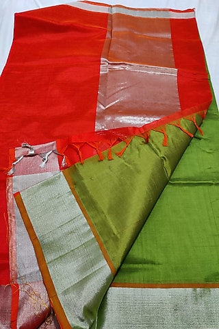 Green & Red Handwoven Saree Set With Zari Border by Muni Kumar