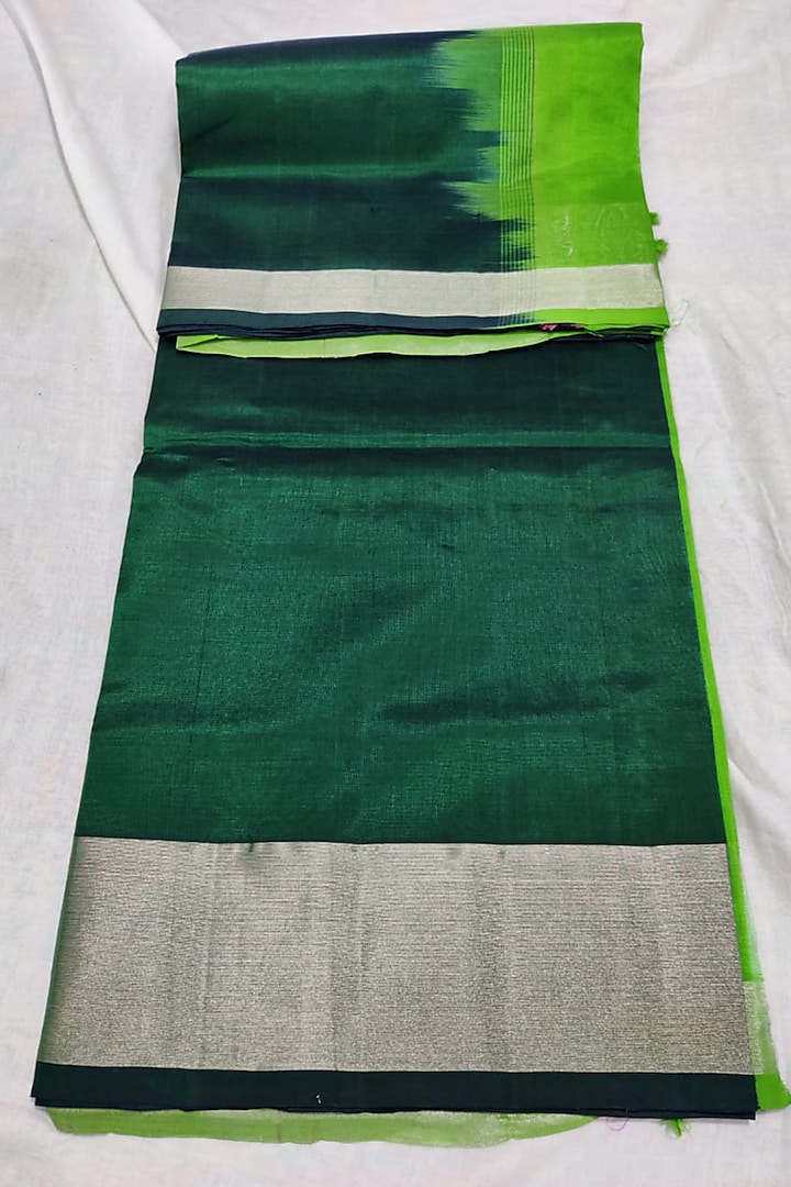 Green & Silver Handwoven Saree Set With Zari Border by Muni Kumar