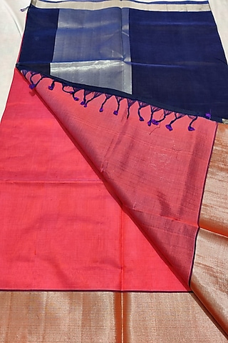 Pink & Blue Handwoven Saree Set With Zari Border by Muni Kumar