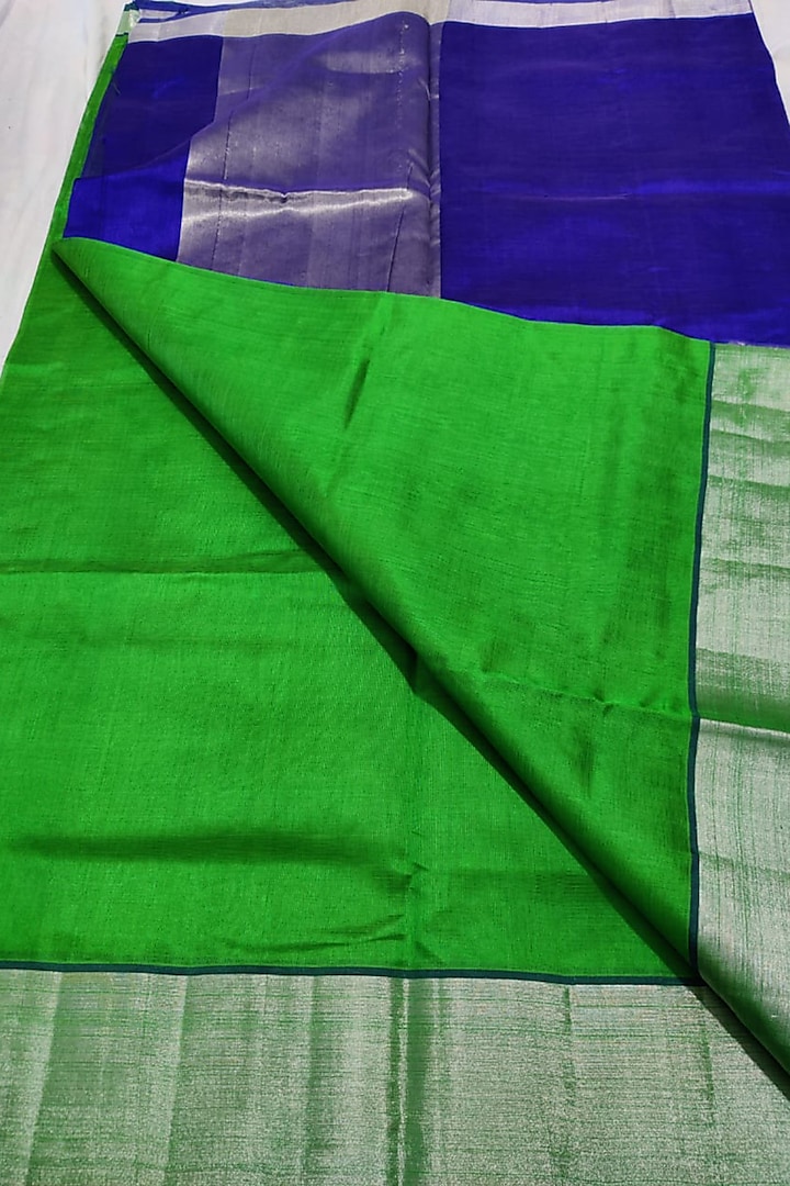 Green & Blue Handwoven Saree Set With Zari Border by Muni Kumar