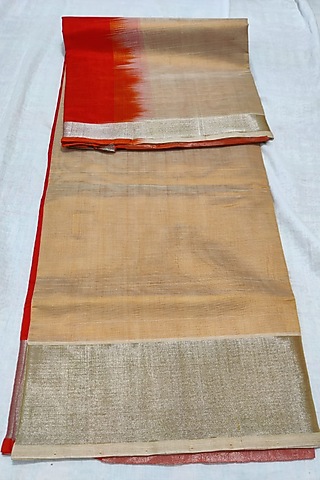Cream & Orange Handwoven Saree Set With Zari Border by Muni Kumar