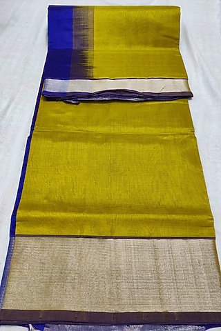 Mustard & Blue Handwoven Saree Set With Zari Border by Muni Kumar