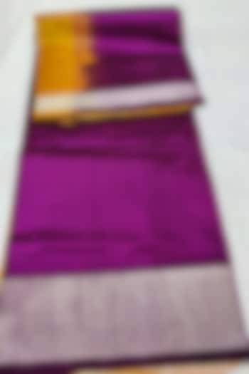 Purple & Yellow Handwoven Saree Set With Zari Border by Muni Kumar