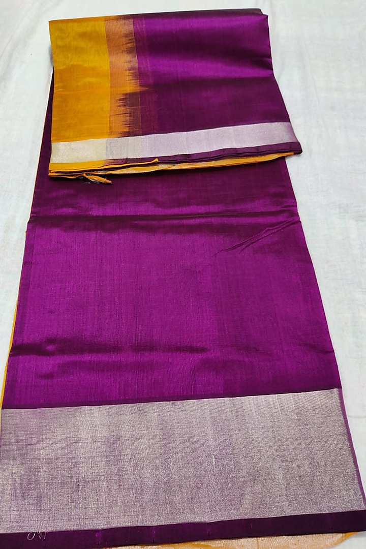 Purple & Yellow Handwoven Saree Set With Zari Border by Muni Kumar at Pernia's Pop Up Shop