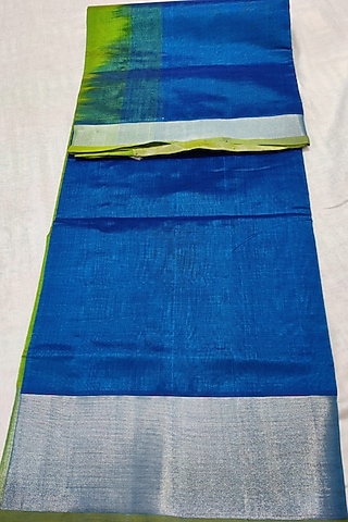 Blue & Green Handwoven Saree Set With Zari Border by Muni Kumar