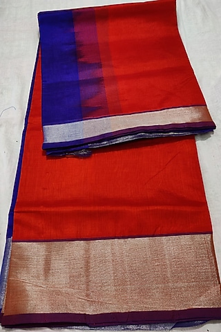 Orange & Blue Handwoven Saree Set With Zari Border by Muni Kumar