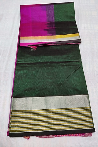 Green & Pink Handwoven Saree Set With Zari Border by Muni Kumar