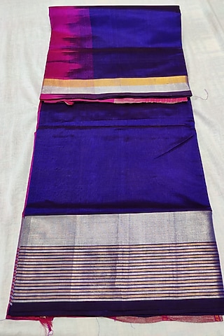 Purple & Pink Handwoven Saree Set With Zari Border by Muni Kumar