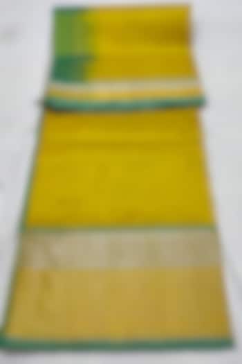 Yellow & Green Handwoven Saree Set With Zari Border by Muni Kumar