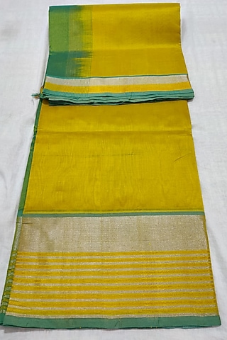 Yellow & Green Handwoven Saree Set With Zari Border by Muni Kumar