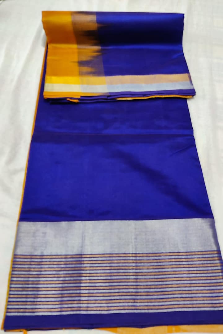 Blue & Mustard Handwoven Saree Set With Zari Border by Muni Kumar at Pernia's Pop Up Shop