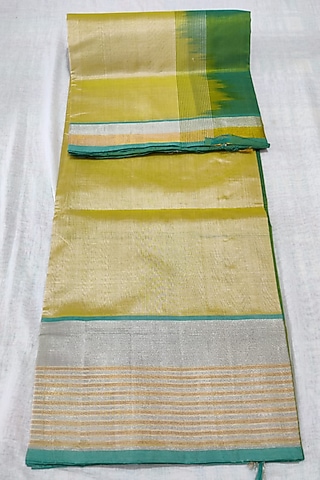 Off White & Green Handwoven Saree Set With Zari Border by Muni Kumar