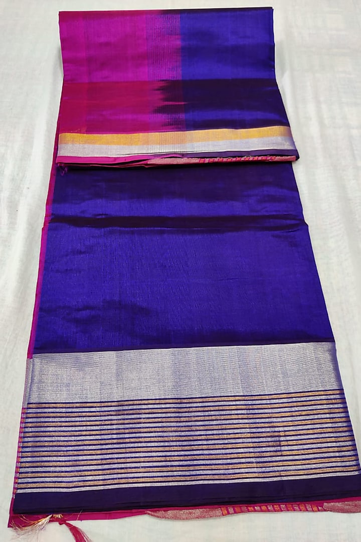 Blue & Pink Handwoven Saree Set With Zari Border by Muni Kumar at Pernia's Pop Up Shop