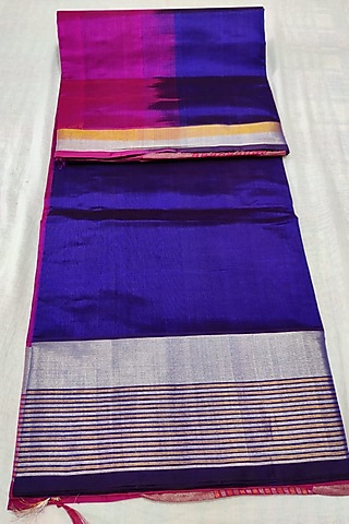 Blue & Pink Handwoven Saree Set With Zari Border by Muni Kumar
