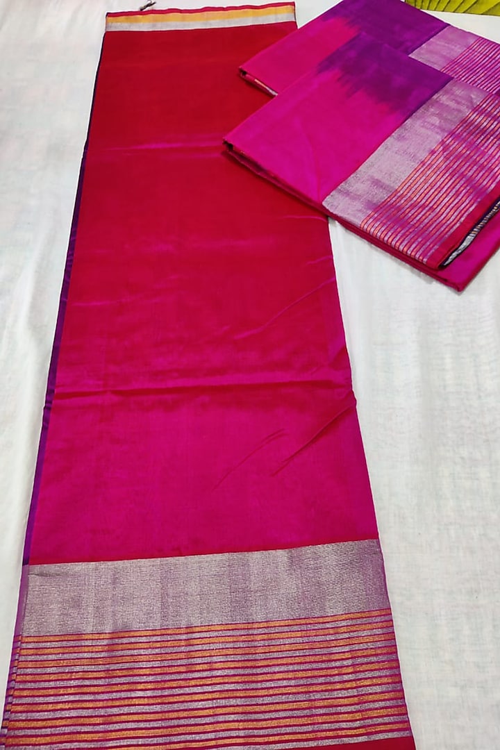 Pink & Purple Handwoven Saree Set With Zari Border by Muni Kumar at Pernia's Pop Up Shop