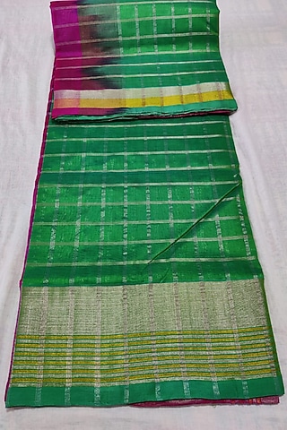 Green & Pink Handwoven Saree Set With Zari Border by Muni Kumar