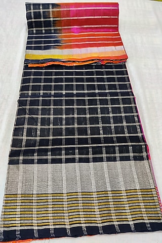 Black & Red Handwoven Saree Set With Zari Border by Muni Kumar