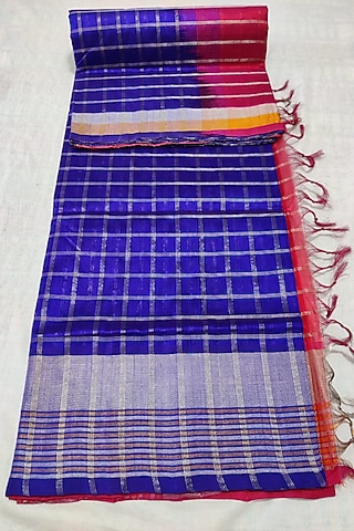 Purple & Pink Handwoven Saree Set With Zari Border by Muni Kumar