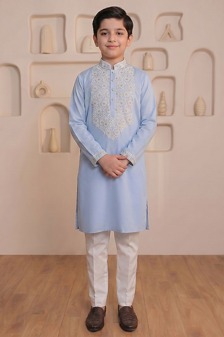 Powder Blue Cotton Floral Embroidered Kurta Set For Boys by Prateek Munjal Kids at Pernia's Pop Up Shop