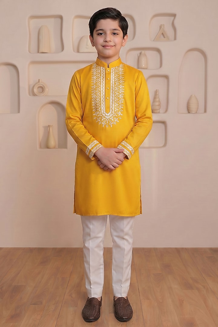 Mustard Cotton Textured Embroidered Kurta Set For Boys by Prateek Munjal Kids at Pernia's Pop Up Shop
