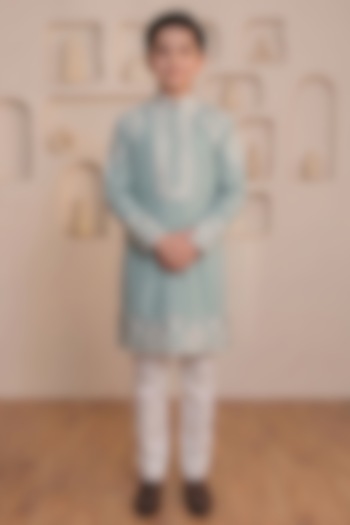 Spearmint Green Cotton Thread Embroidered Kurta Set For Boys by Prateek Munjal Kids at Pernia's Pop Up Shop