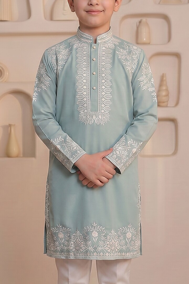 Spearmint Green Cotton Thread Embroidered Kurta Set For Boys by Prateek Munjal Kids at Pernia's Pop Up Shop
